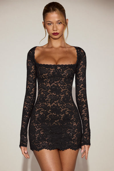 Black Lace Mini Dress with Long Sleeves