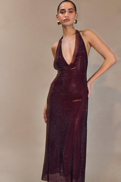 Viviana | Abito Midi Halter Diamante – Mogano