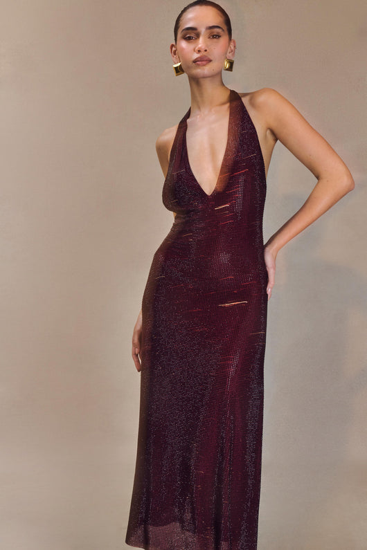 Viviana | Abito Midi Halter Diamante – Mogano