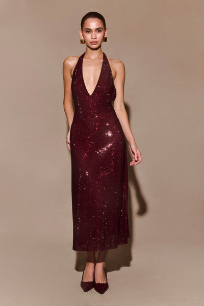 Viviana | Abito Midi Halter Diamante – Mogano