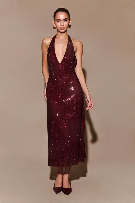 Viviana | Abito Midi Halter Diamante – Mogano