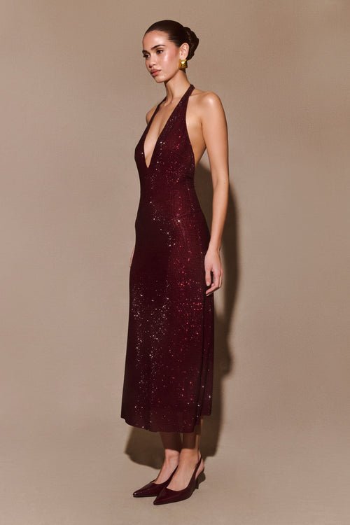 Viviana | Abito Midi Halter Diamante – Mogano