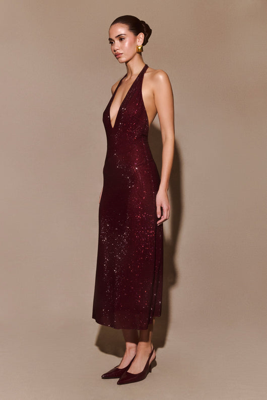 Viviana | Abito Midi Halter Diamante – Mogano