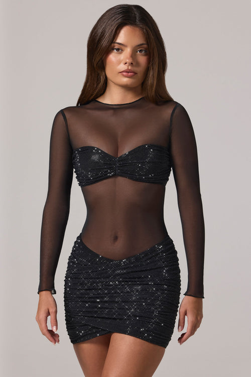 Long Sleeve Mini Dress with Sheer Panels in Black