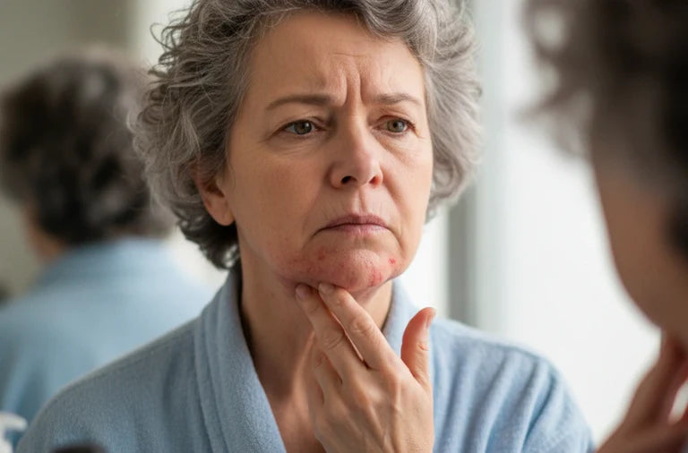 Woman examining facial hair