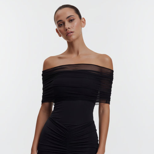 Luciana Caspian Maxi Dress – Off Shoulder in Mesh and Slinky